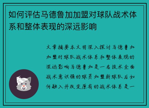 如何评估马德鲁加加盟对球队战术体系和整体表现的深远影响